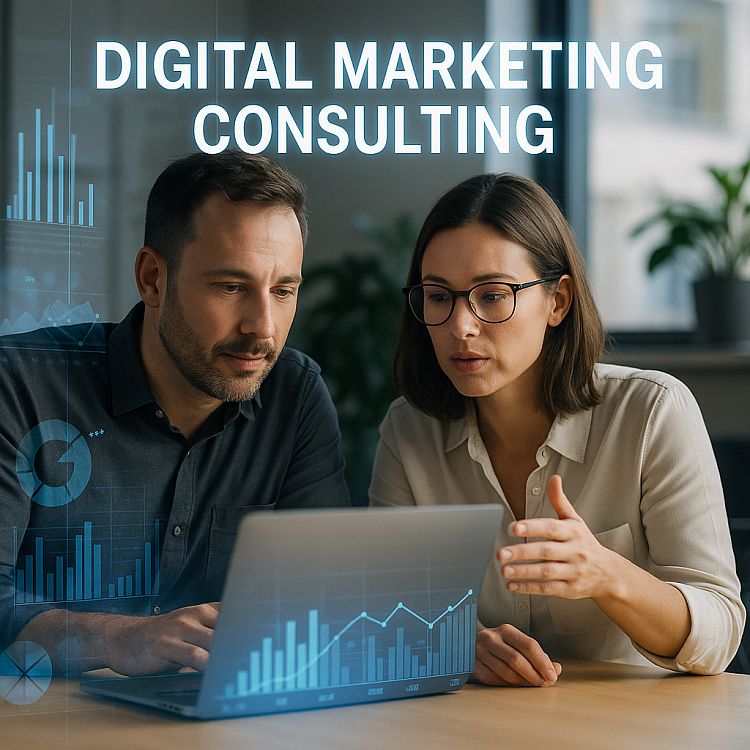 Zwei Personen arbeiten gemeinsam an einem Laptop mit leuchtenden Diagrammen im Hintergrund als Symbol für Digital-Marketing-Beratung.